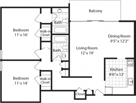 Floor plan for 2 beds, 2 baths, 1232 sqft